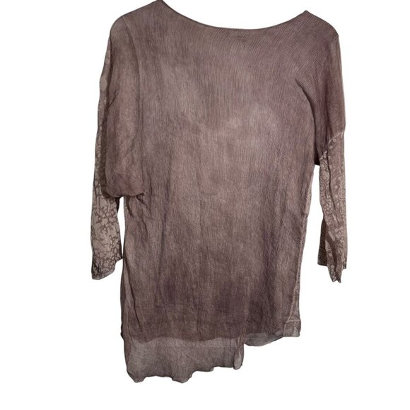Tempo Paris Womens size Medium Asymmetric Hem dolman sleeve top taupe semi-sheer - Picture 3 of 7
